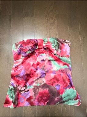 Y2K watercolor tube top, pink, red, teal, purple with bow detailing